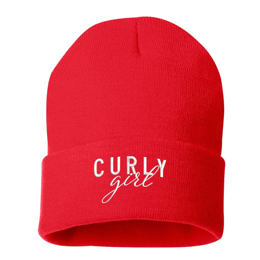 Red beanie embroidered with the phrase curly girl-DSY Lifestyle