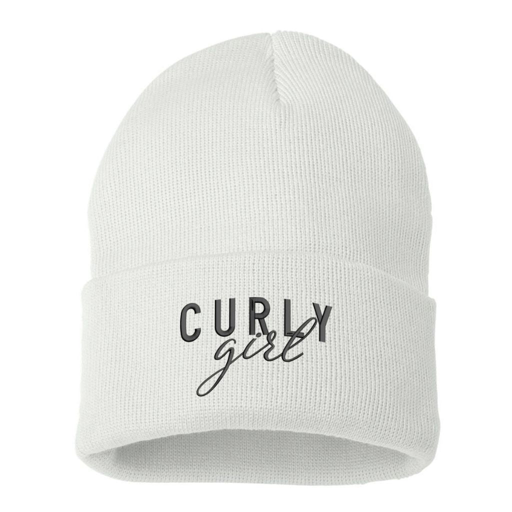 White beanie embroidered with the phrase curly girl-DSY Lifestyle