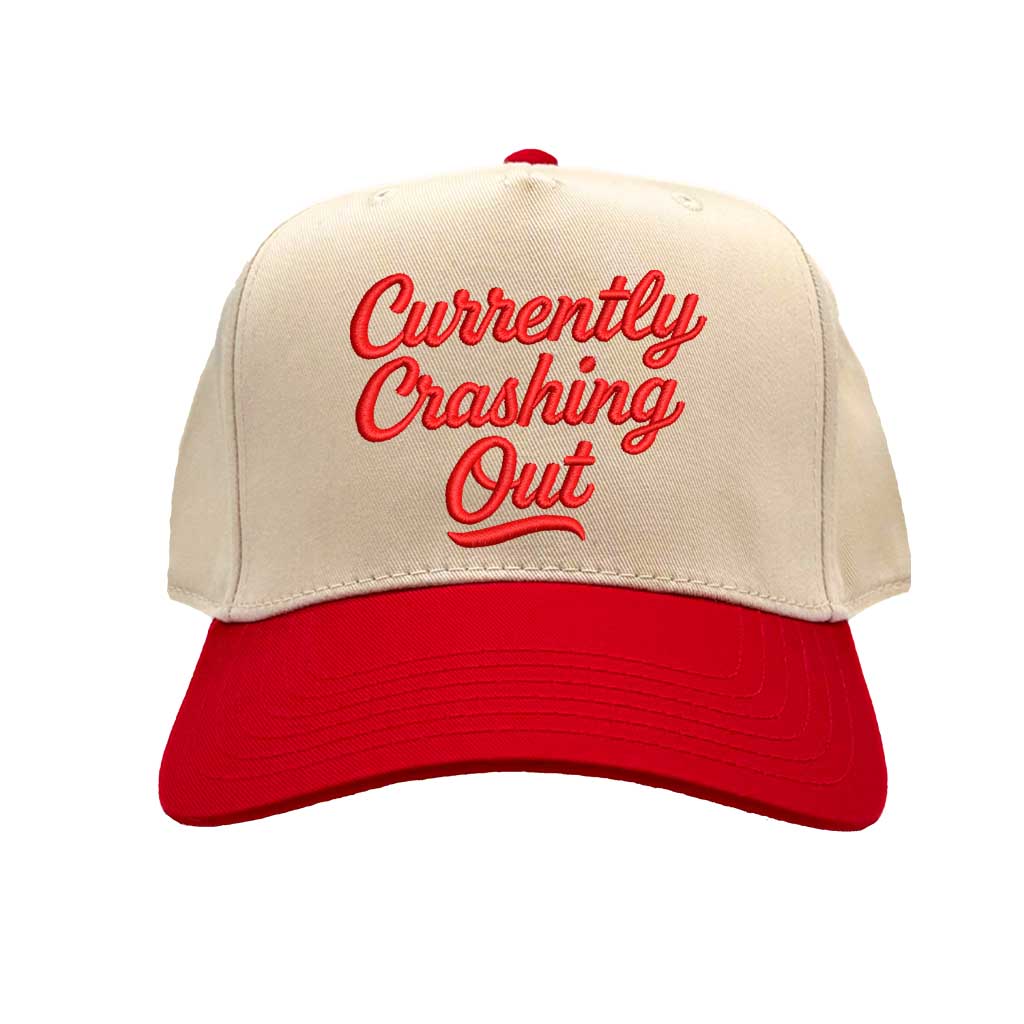 Natural Red Currently Crashing Out embroidered baseball hat. A two-tone statement hat for women who love humor, comfort, and effortless outfits. - DSY Lifestyle