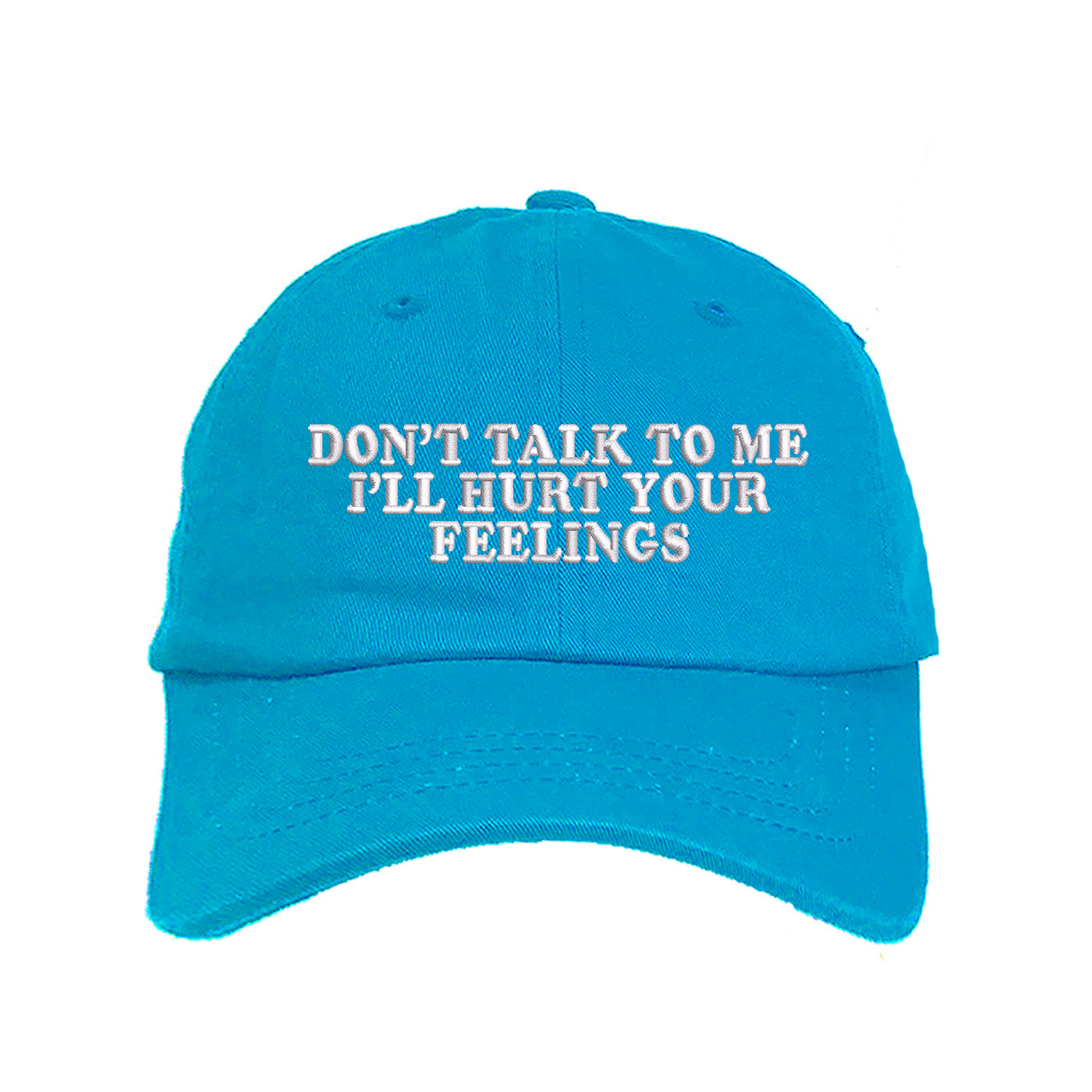 Aqua baseball hat embroidered with the phrase don&