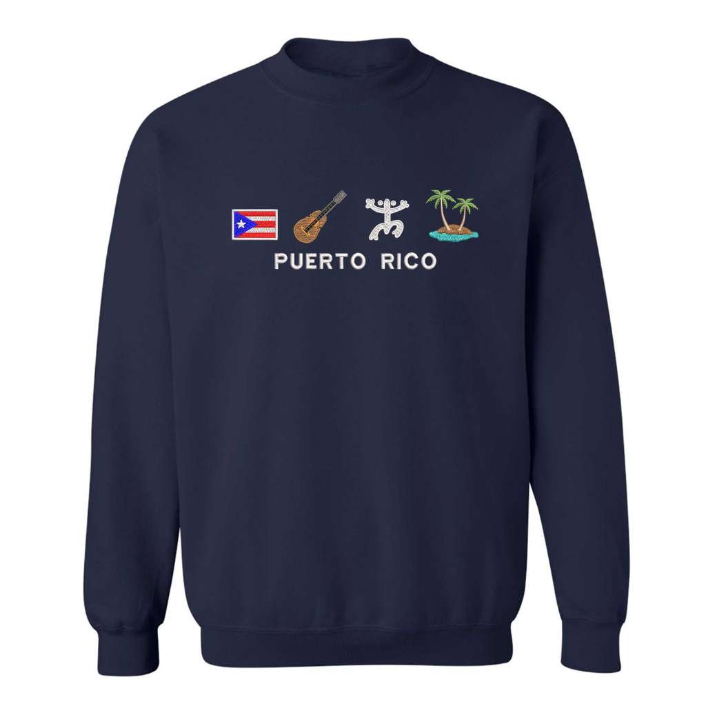 Navy DTMF Puerto Rico Icons embroidered sweatshirt by DSY Lifestyle, displaying the Puerto Rican flag, cuatro guitar, Taíno symbol, and island design.