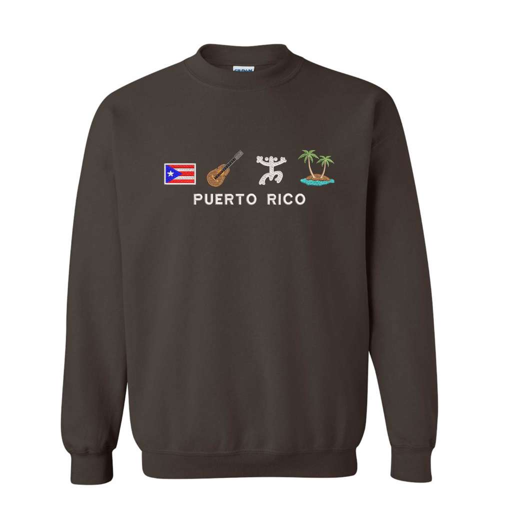 Olive green DTMF Puerto Rico Icons embroidered sweatshirt from DSY Lifestyle with Puerto Rican symbols including the flag, cuatro guitar, Taíno icon, and palm island.