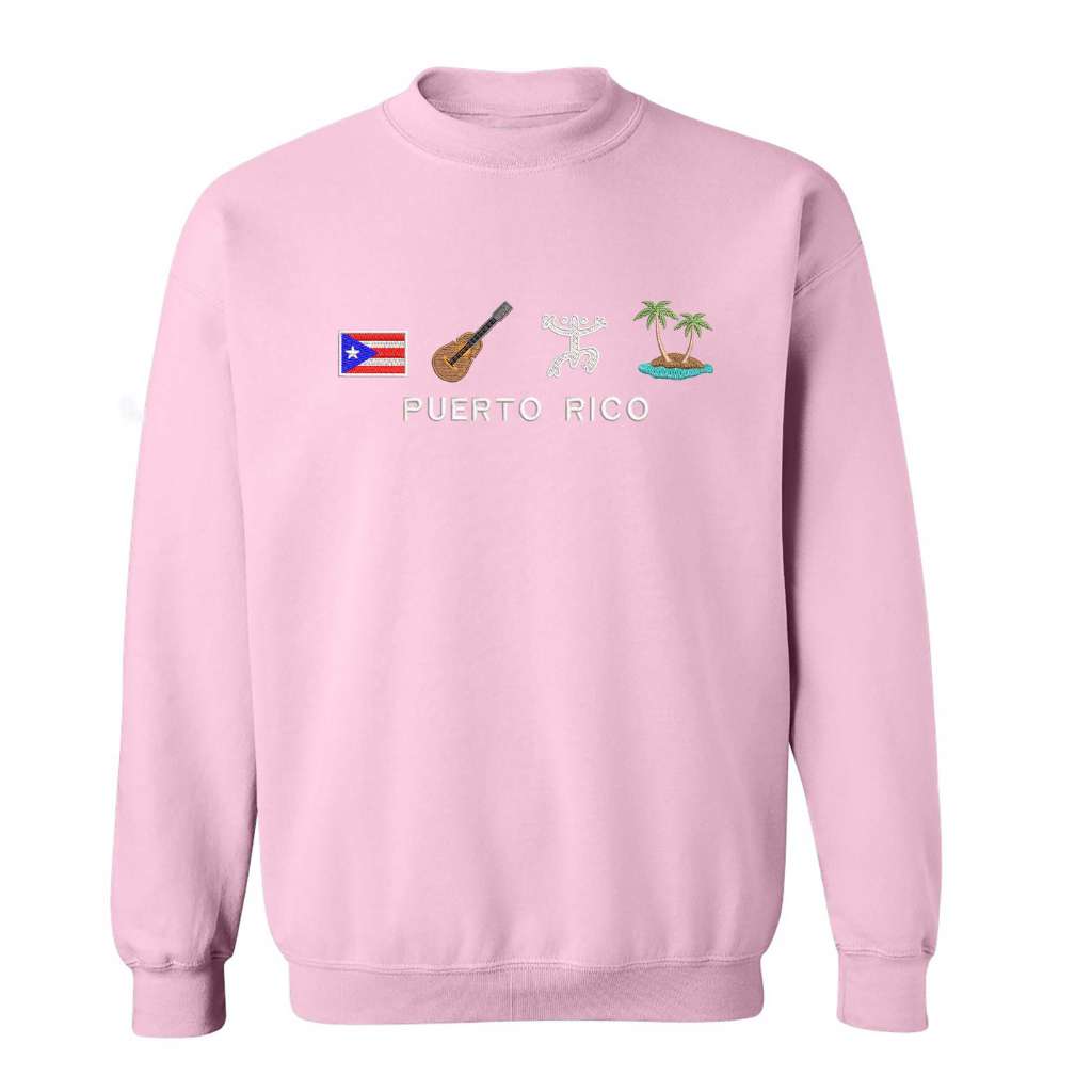 Pink DTMF Puerto Rico Icons embroidered sweatshirt by DSY Lifestyle, featuring a colorful design with the Puerto Rican flag, guitar, Taíno petroglyph, and island.
