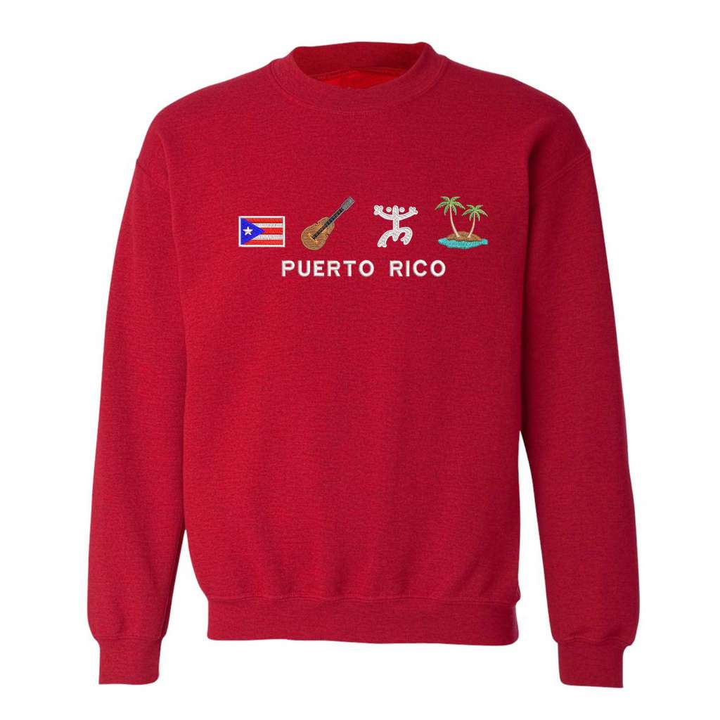 Red DTMF Puerto Rico Icons embroidered sweatshirt from DSY Lifestyle, showcasing four classic Puerto Rican symbols across the chest.