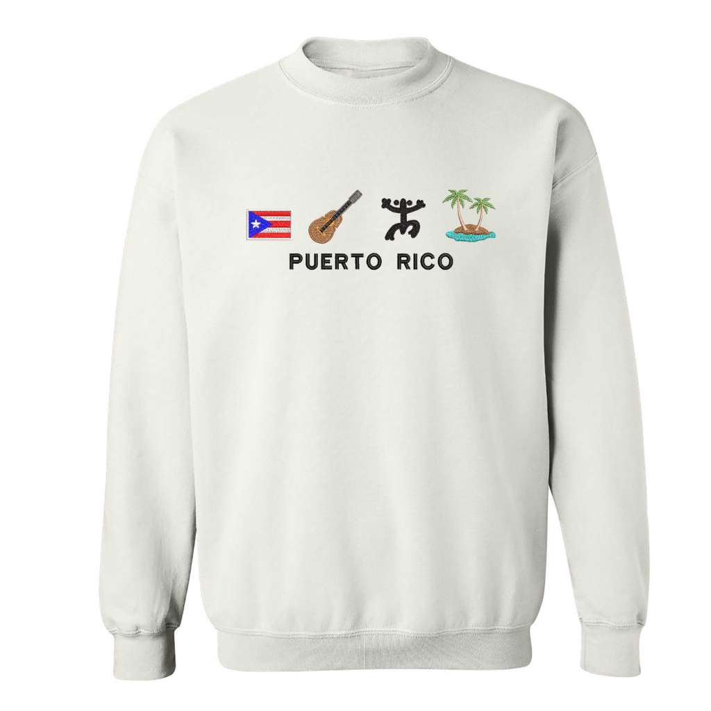 White DTMF Puerto Rico Icons embroidered sweatshirt by DSY Lifestyle with vibrant embroidery of Puerto Rico’s flag, cuatro guitar, Taíno figure, and island.