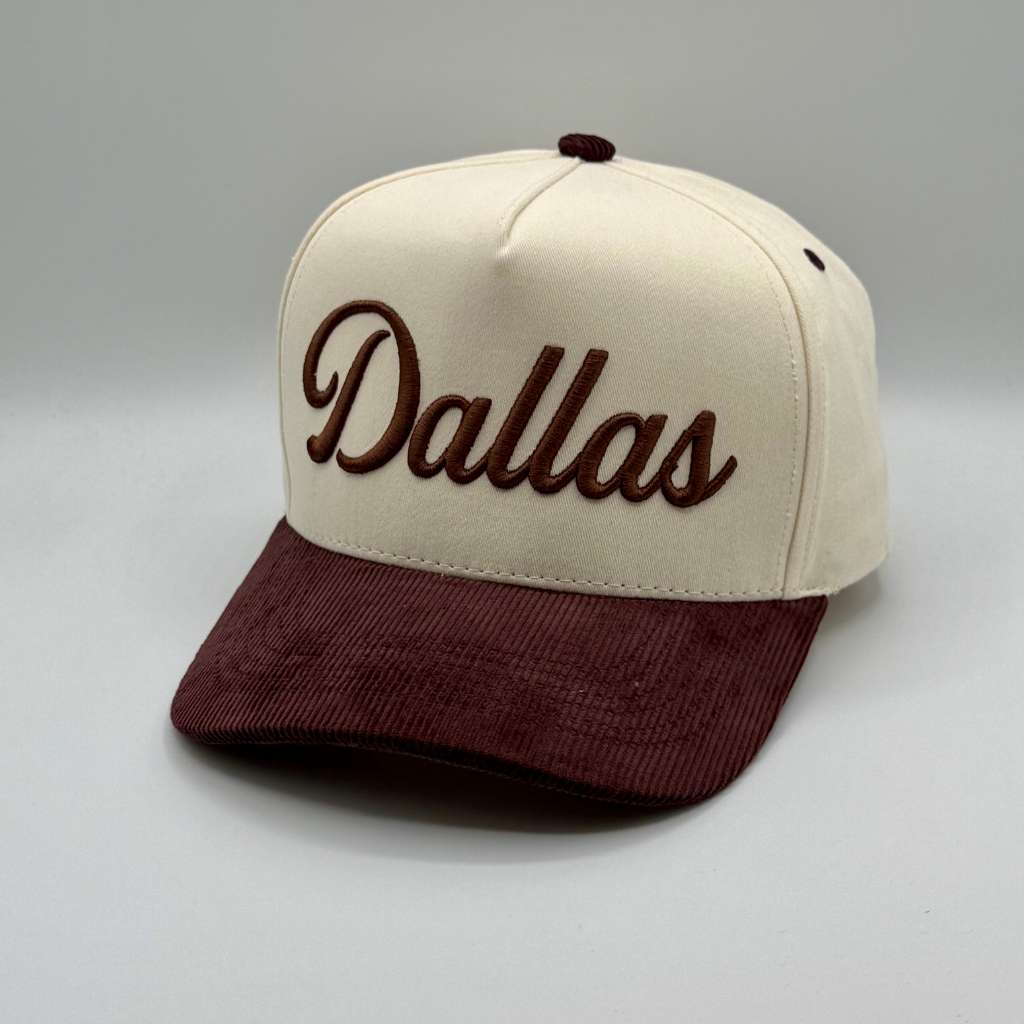 Dallas embroidery on a natural/pink corduroy bill baseball hat - DSY Lifestyle