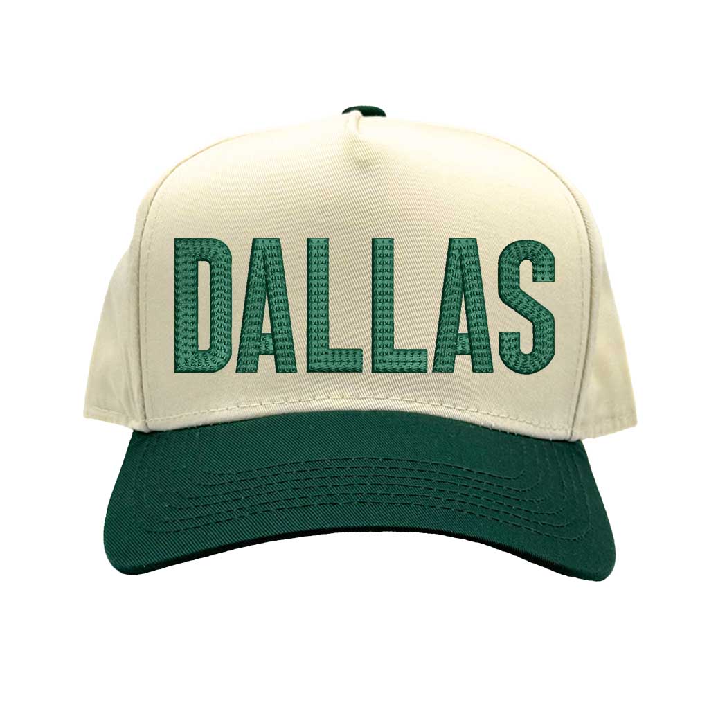 Natural Forest Green Dallas Texas embroidered two tone baseball hat. A statement baseball hat for women who love Texas pride, street style, and effortless outfits. - DSY Lifestyle