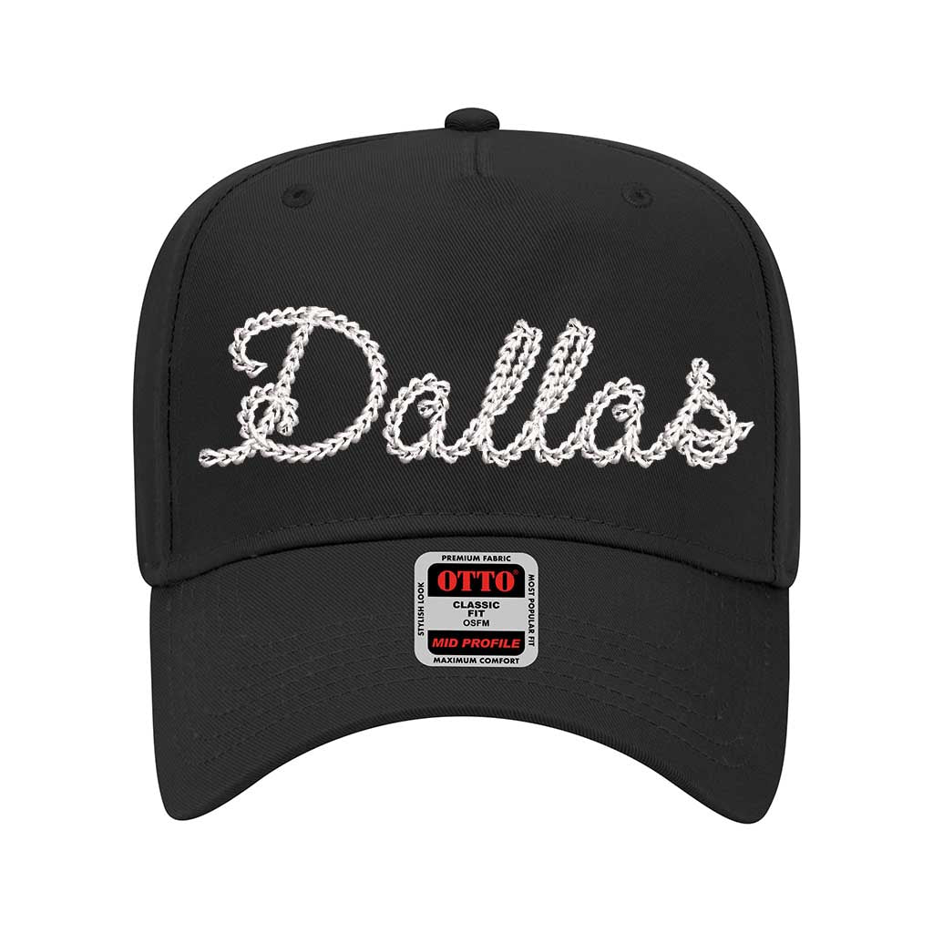 Black Dallas chain stitch 5-panel baseball hat with embroidered design, structured fit, and adjustable strap for a stylish and comfortable look - DSY Lifestyle