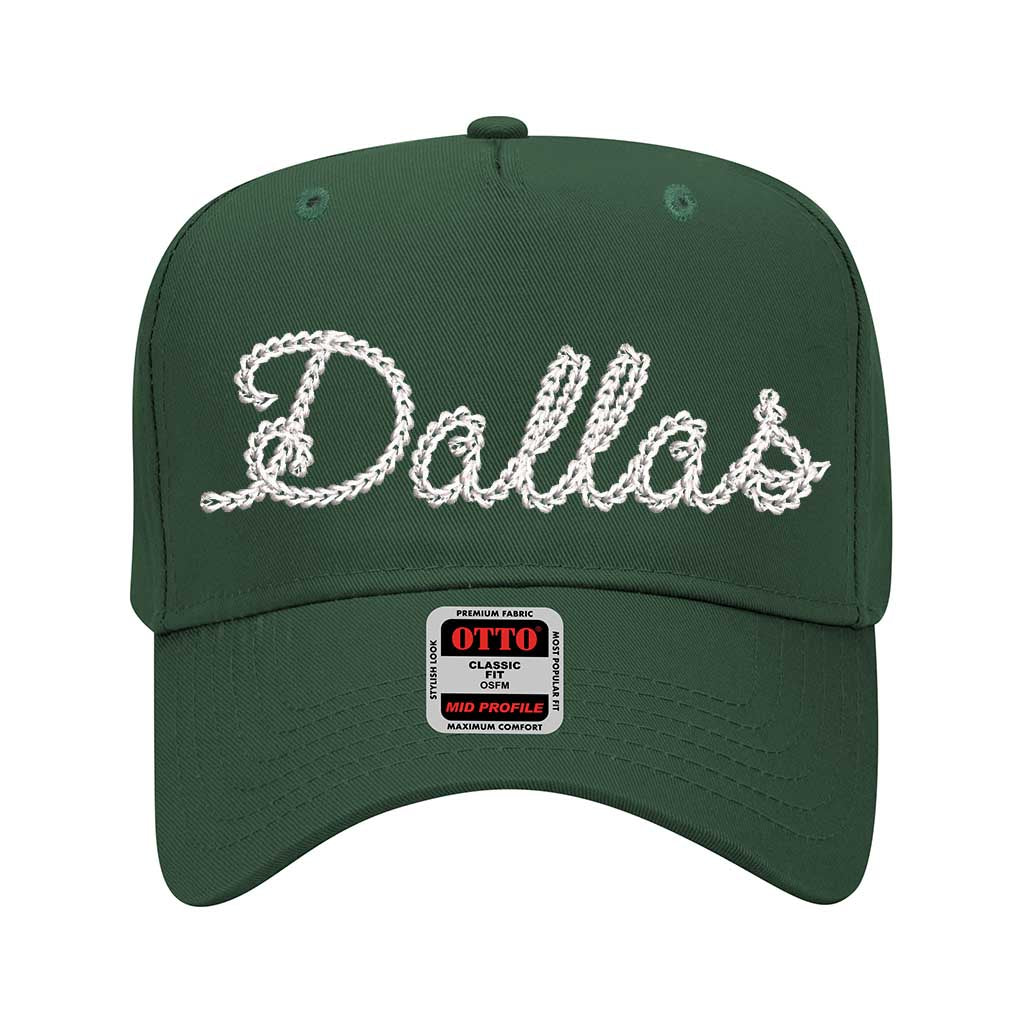 Forest Green Dallas chain stitch 5-panel baseball hat with embroidered design, structured fit, and adjustable strap for a stylish and comfortable look - DSY Lifestyle