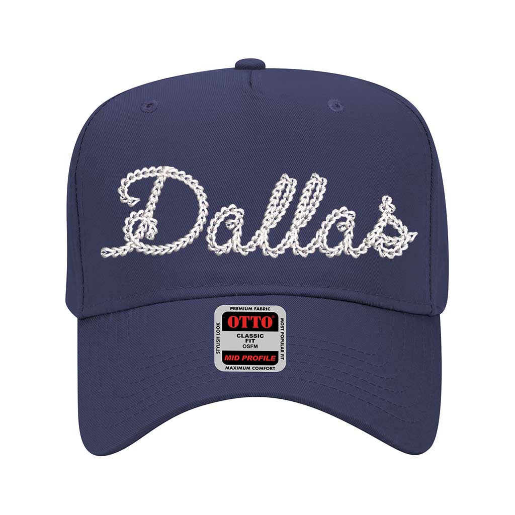 Navy Blue Dallas chain stitch 5-panel baseball hat with embroidered design, structured fit, and adjustable strap for a stylish and comfortable look - DSY Lifestyle