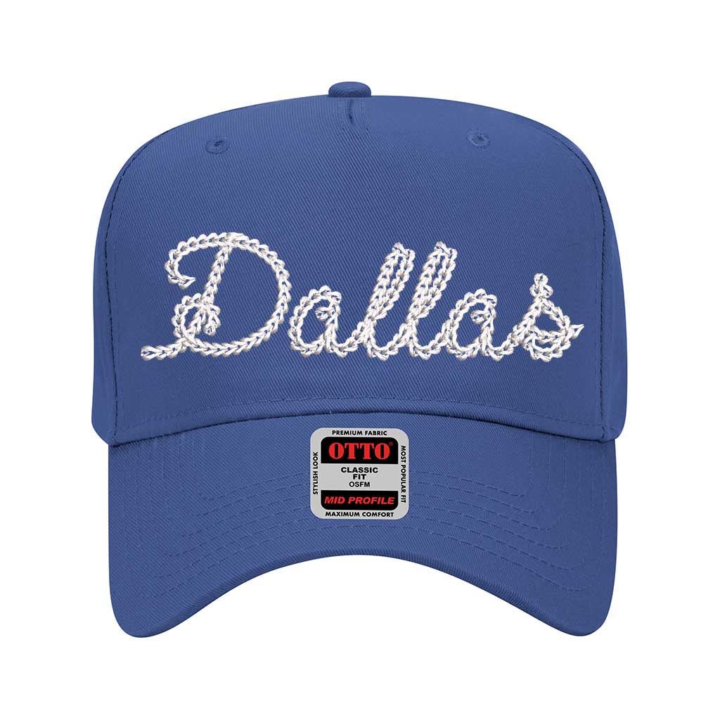 Royal Blue Dallas chain stitch 5-panel baseball hat with embroidered design, structured fit, and adjustable strap for a stylish and comfortable look - DSY Lifestyle