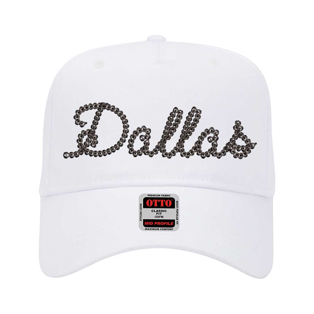White with black thread Dallas chain stitch 5-panel baseball hat with embroidered design, structured fit, and adjustable strap for a stylish and comfortable look - DSY Lifestyle