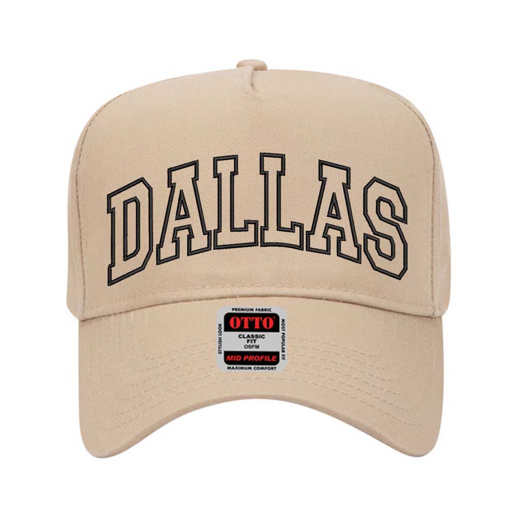 Khaki Sleek, solid-color cap featuring an embroidered Dallas outline for a clean and bold hometown statement – DSY Lifestyle.