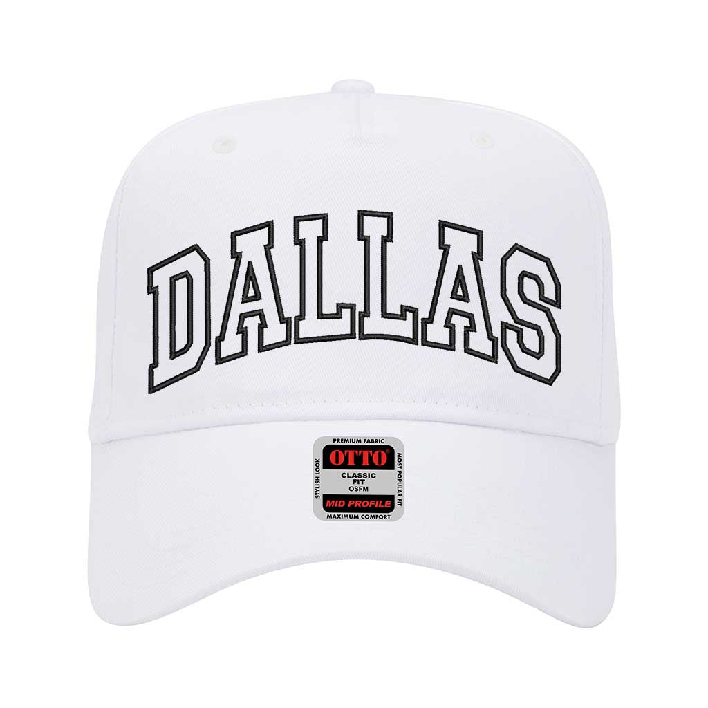 White Sleek, solid-color cap featuring an embroidered Dallas outline for a clean and bold hometown statement – DSY Lifestyle.