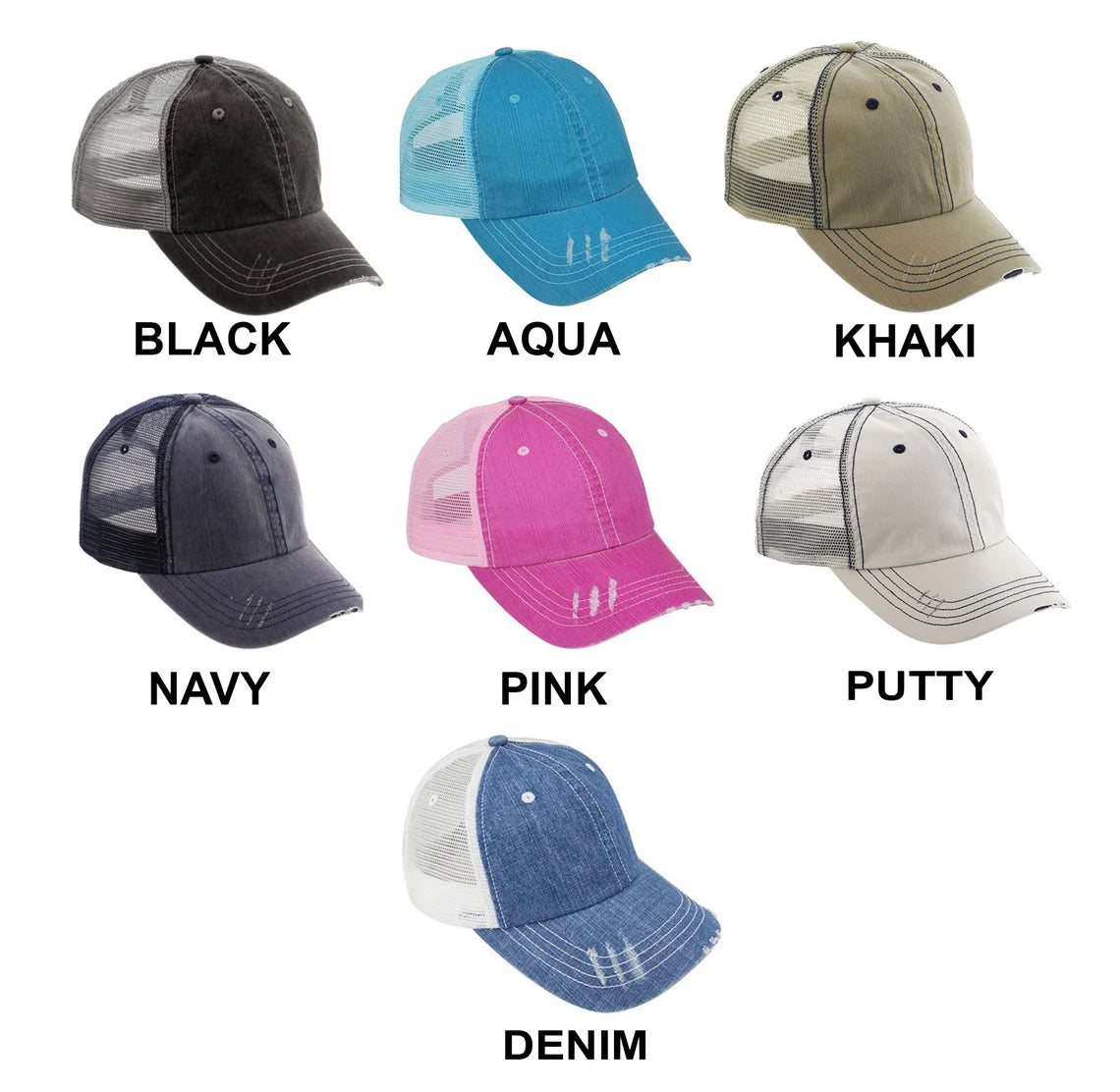 Color Chart Distressed Trucker Hat featuring bold embroidery on a vintage-style, breathable mesh-back cap with an adjustable Velcro closure.