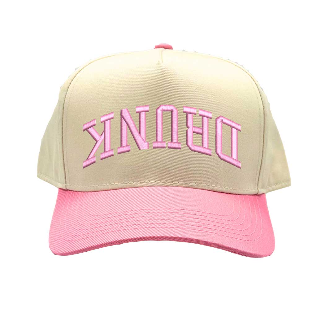 Natural Light Pink Drunk (Upside Down) Two-Tone 5-Panel Embroidered Baseball Hat featuring bold upside-down text on a trendy snapback cap, perfect for party and festival style - DSY Lifestyle