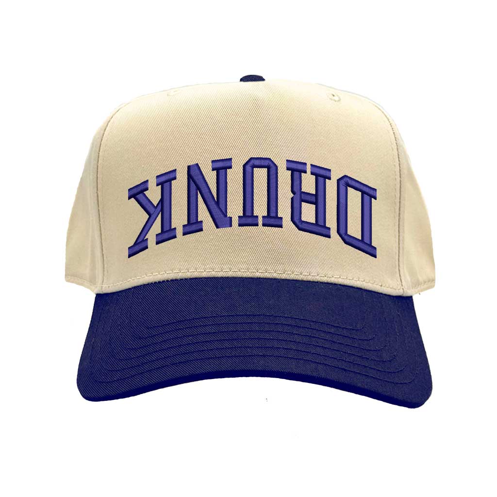 Natural Navy Blue Drunk (Upside Down) Two-Tone 5-Panel Embroidered Baseball Hat featuring bold upside-down text on a trendy snapback cap, perfect for party and festival style - DSY Lifestyle