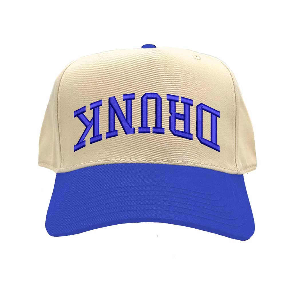 Natural Royal Blue Drunk (Upside Down) Two-Tone 5-Panel Embroidered Baseball Hat featuring bold upside-down text on a trendy snapback cap, perfect for party and festival style - DSY Lifestyle