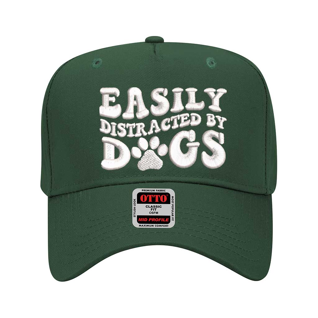 Forest Green 5 panel baseball hat embroidered with the phrase easily distracted by dogs-DSY Lifestyle