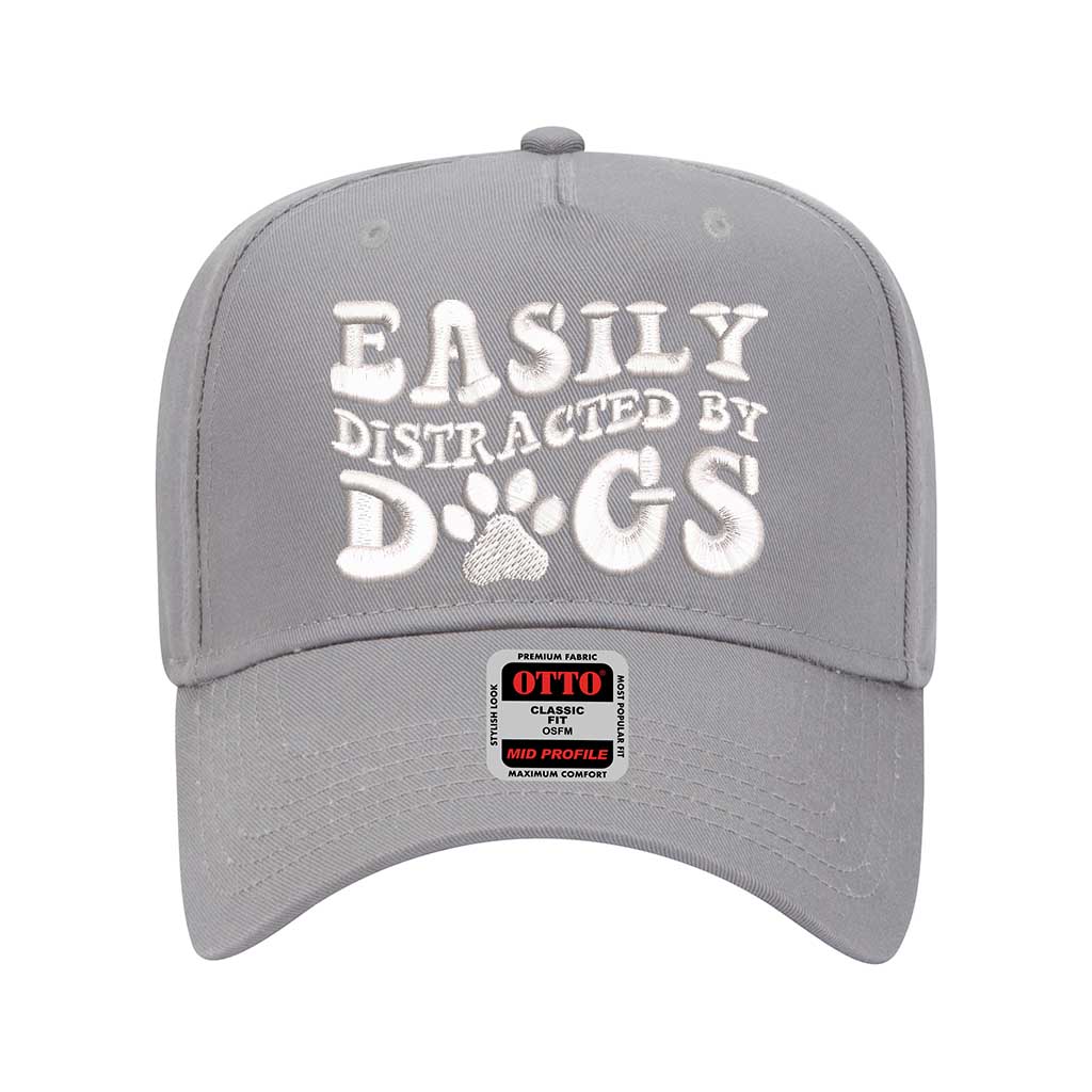 Light Grey 5 panel baseball hat embroidered with the phrase easily distracted by dogs-DSY Lifestyle