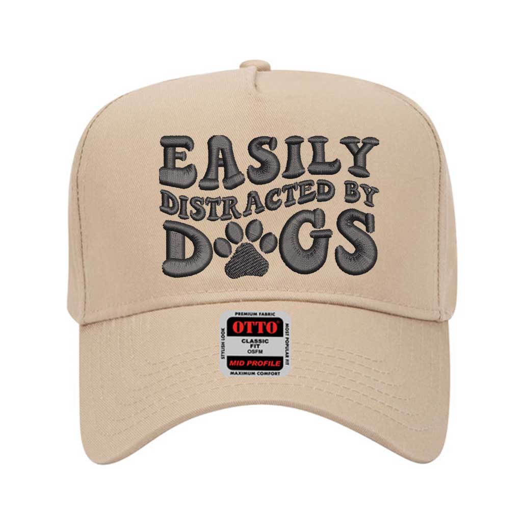 Khaki 5 panel baseball hat embroidered with the phrase easily distracted by dogs-DSY Lifestyle