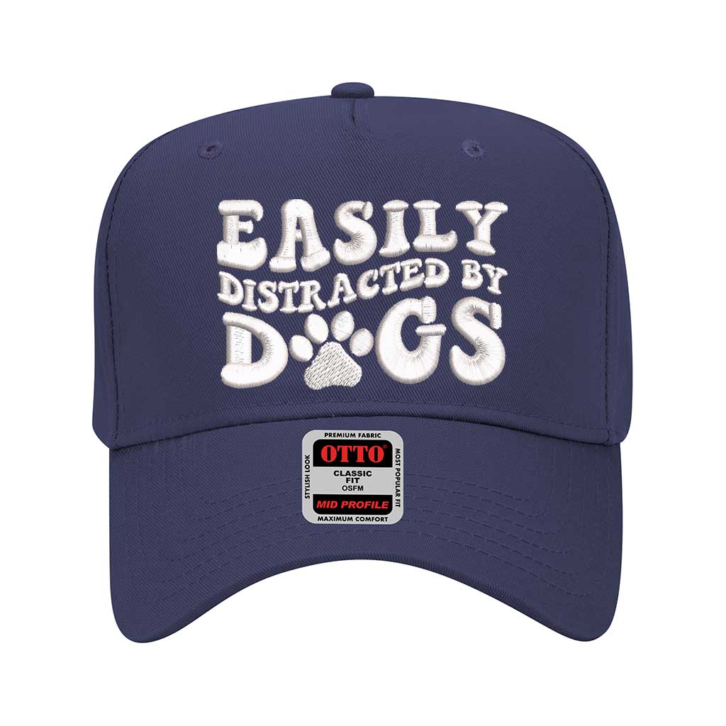 Navy 5 panel baseball hat embroidered with the phrase easily distracted by dogs-DSY Lifestyle
