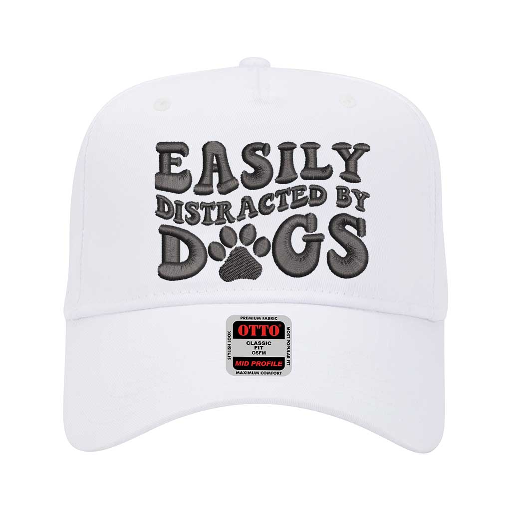 White 5 panel baseball hat embroidered with the phrase easily distracted by dogs-DSY Lifestyle