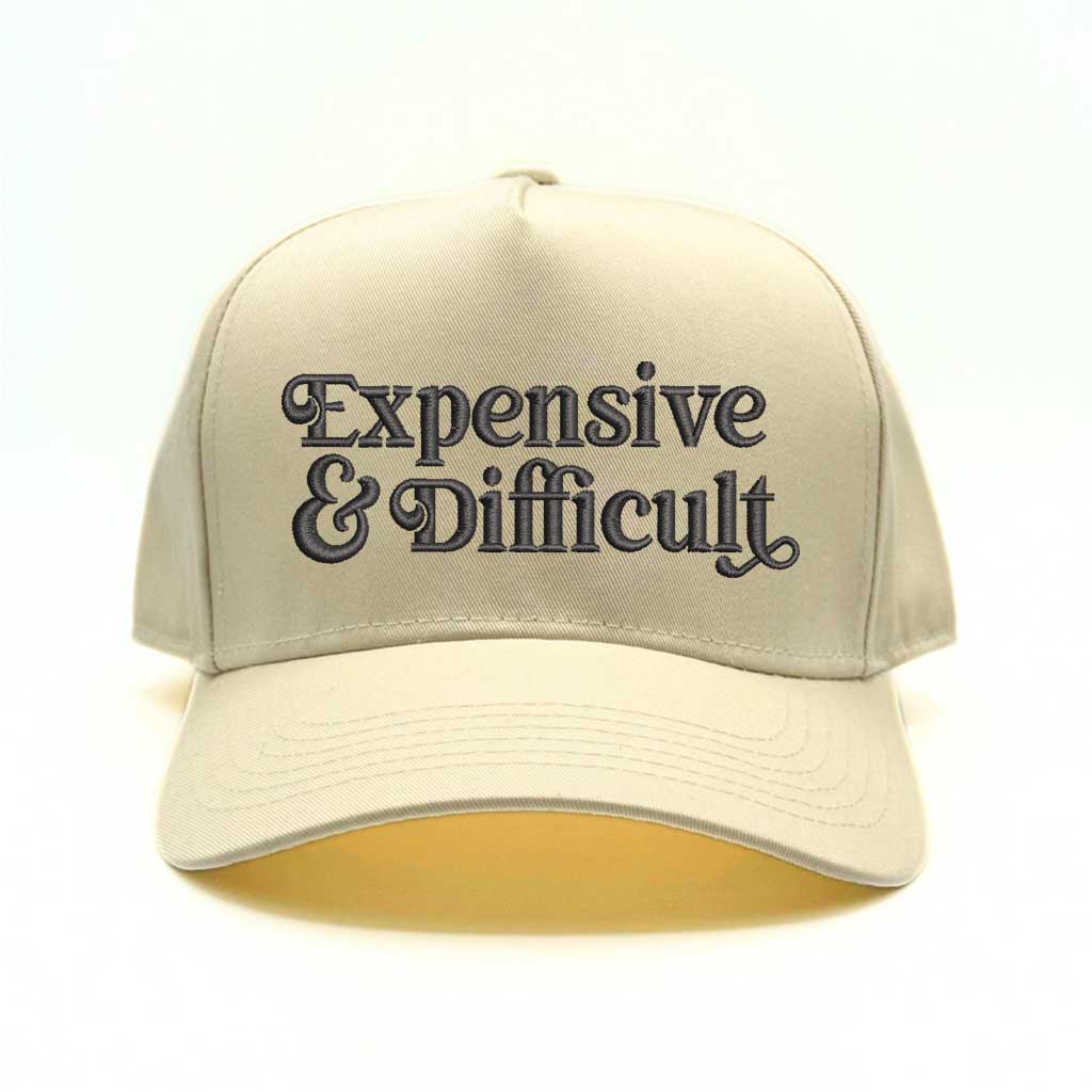 5 panel Natural color baseball hat embroidered with the phrase Expensive & Difficult -DSY Lifestyle