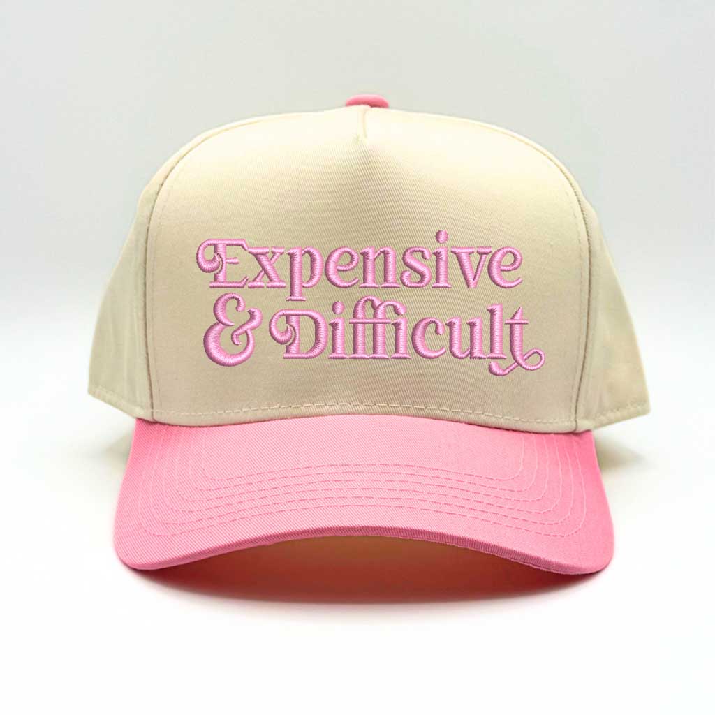 5 panel Natural color with Pink bill baseball hat embroidered with the phrase Expensive & Difficult -DSY Lifestyle