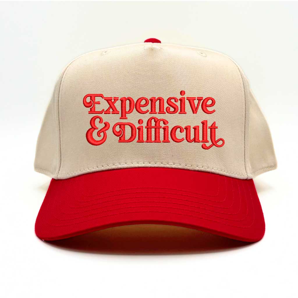 5 panel Natural color with red bill baseball hat embroidered with the phrase Expensive & Difficult -DSY Lifestyle