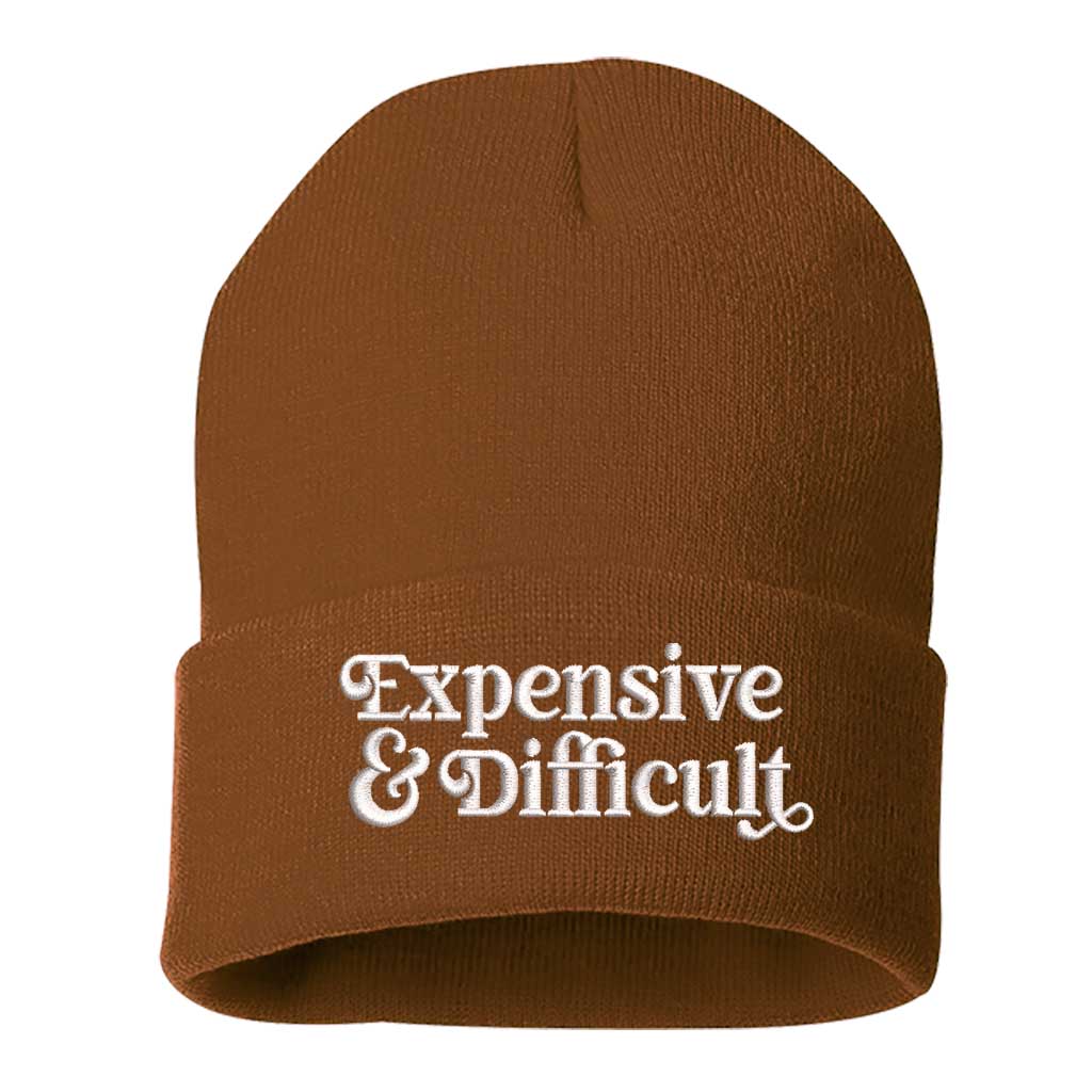 Camel beanie embroidered with the phrase expensive & difficult-DSY Lifestyle
