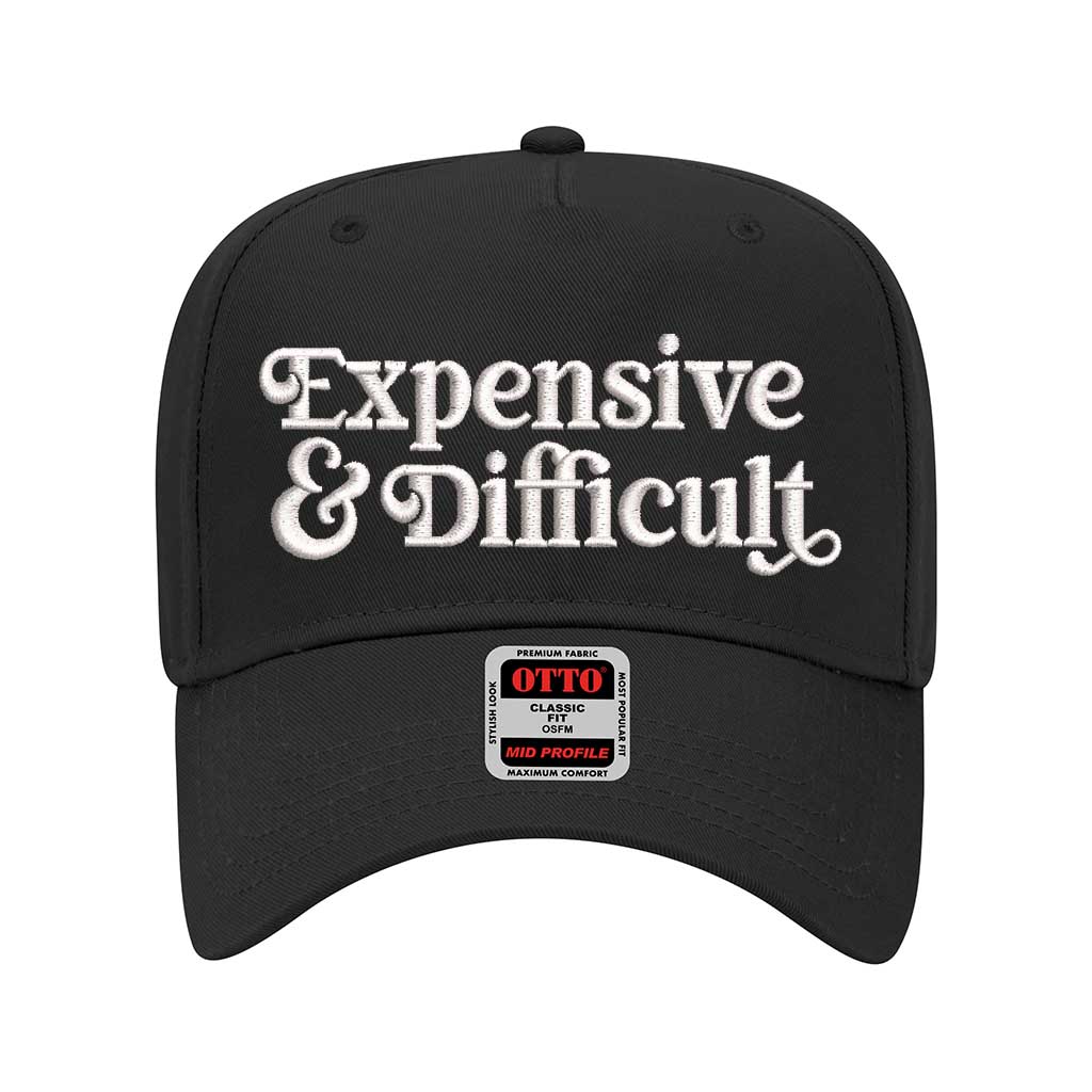5 panel Black baseball hat embroidered with the phrase Expensive & Difficult -DSY Lifestyle