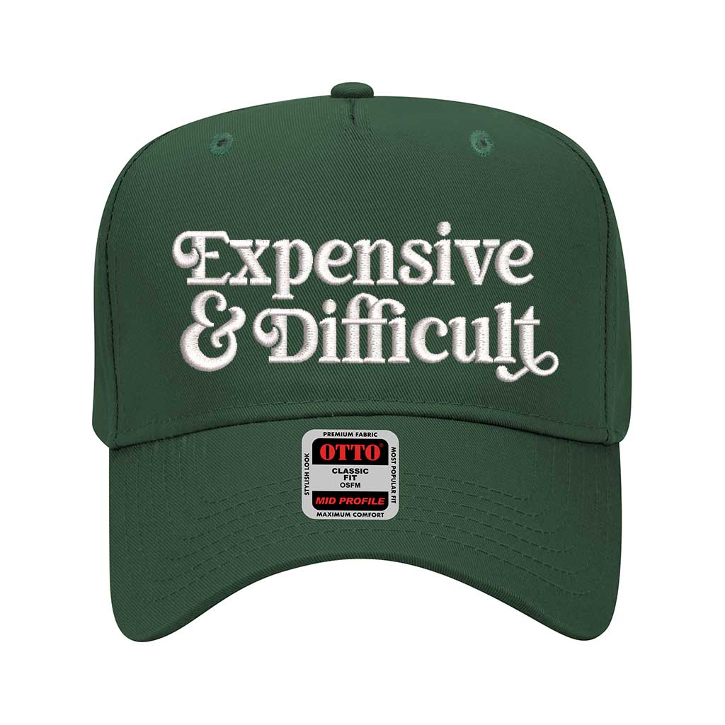 5 panel Kelly Green baseball hat embroidered with the phrase Expensive & Difficult -DSY Lifestyle