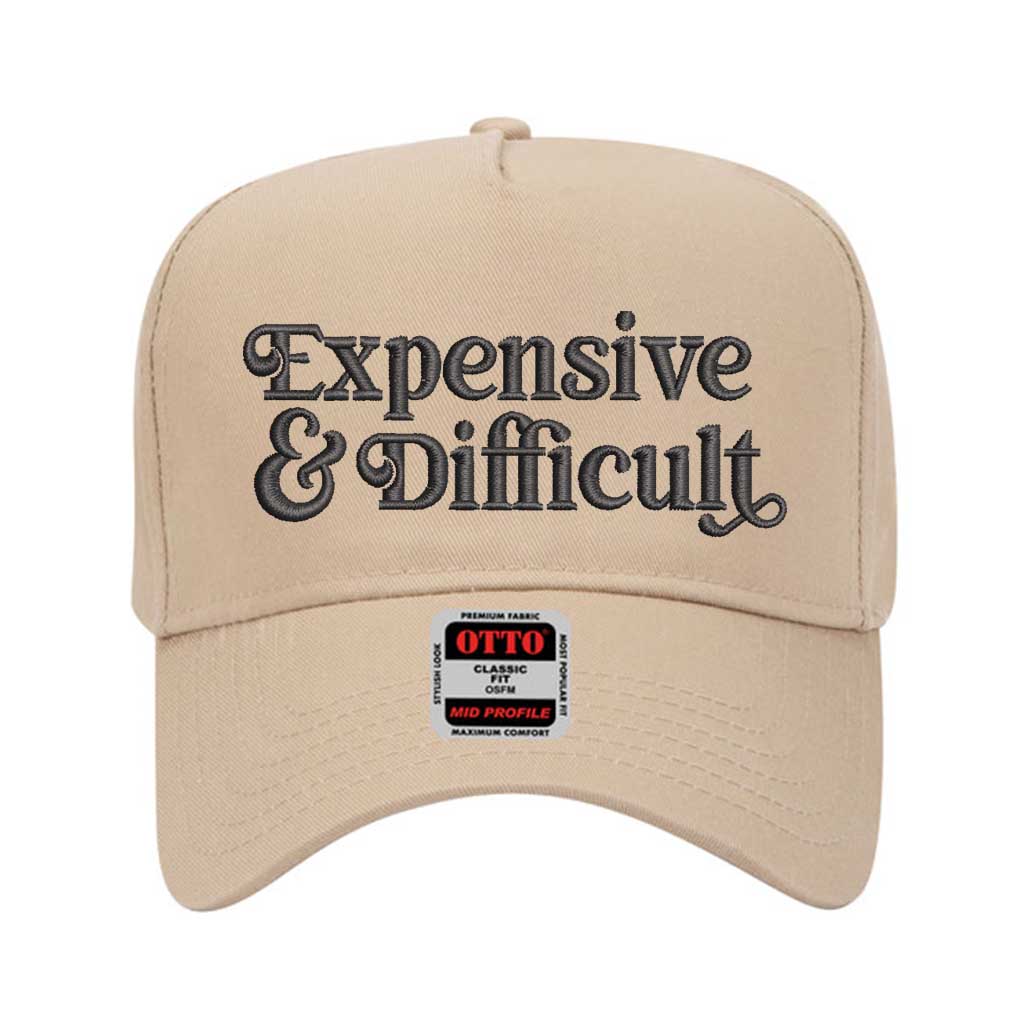 5 panel Stone baseball hat embroidered with the phrase Expensive & Difficult -DSY Lifestyle