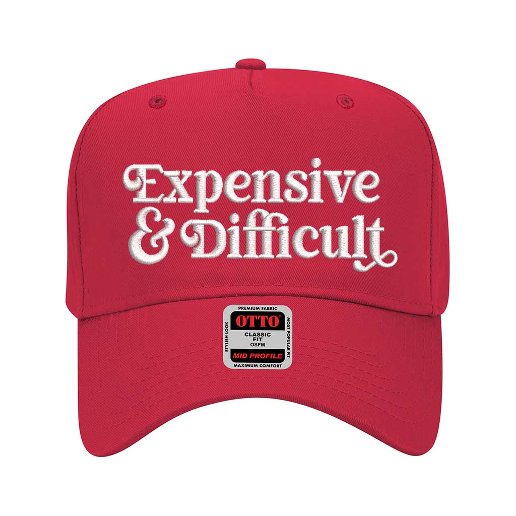 5 panel Red baseball hat embroidered with the phrase Expensive & Difficult -DSY Lifestyle