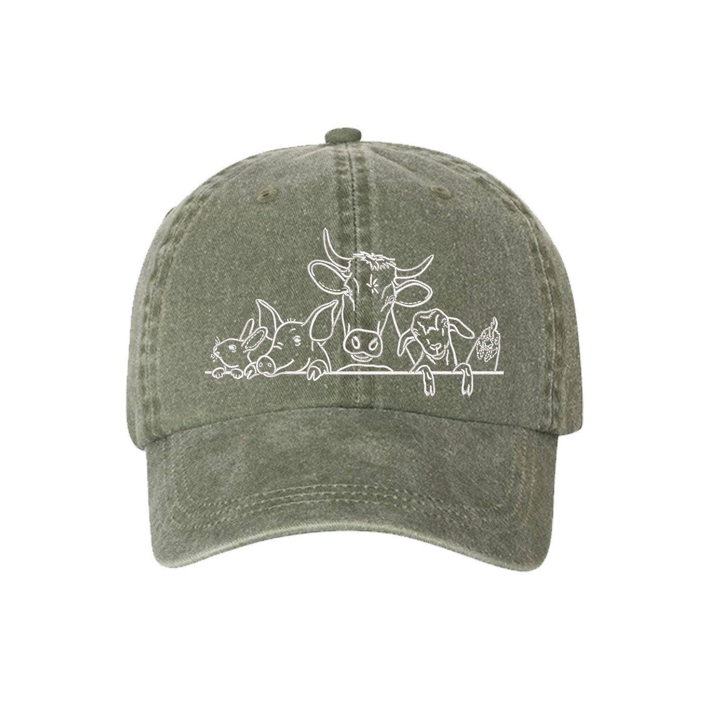 Olive Farm Animals Washed Baseball Hat featuring detailed cow and farm animal embroidery on a premium washed dad cap; a heritage-inspired piece by DSY Lifestyle.