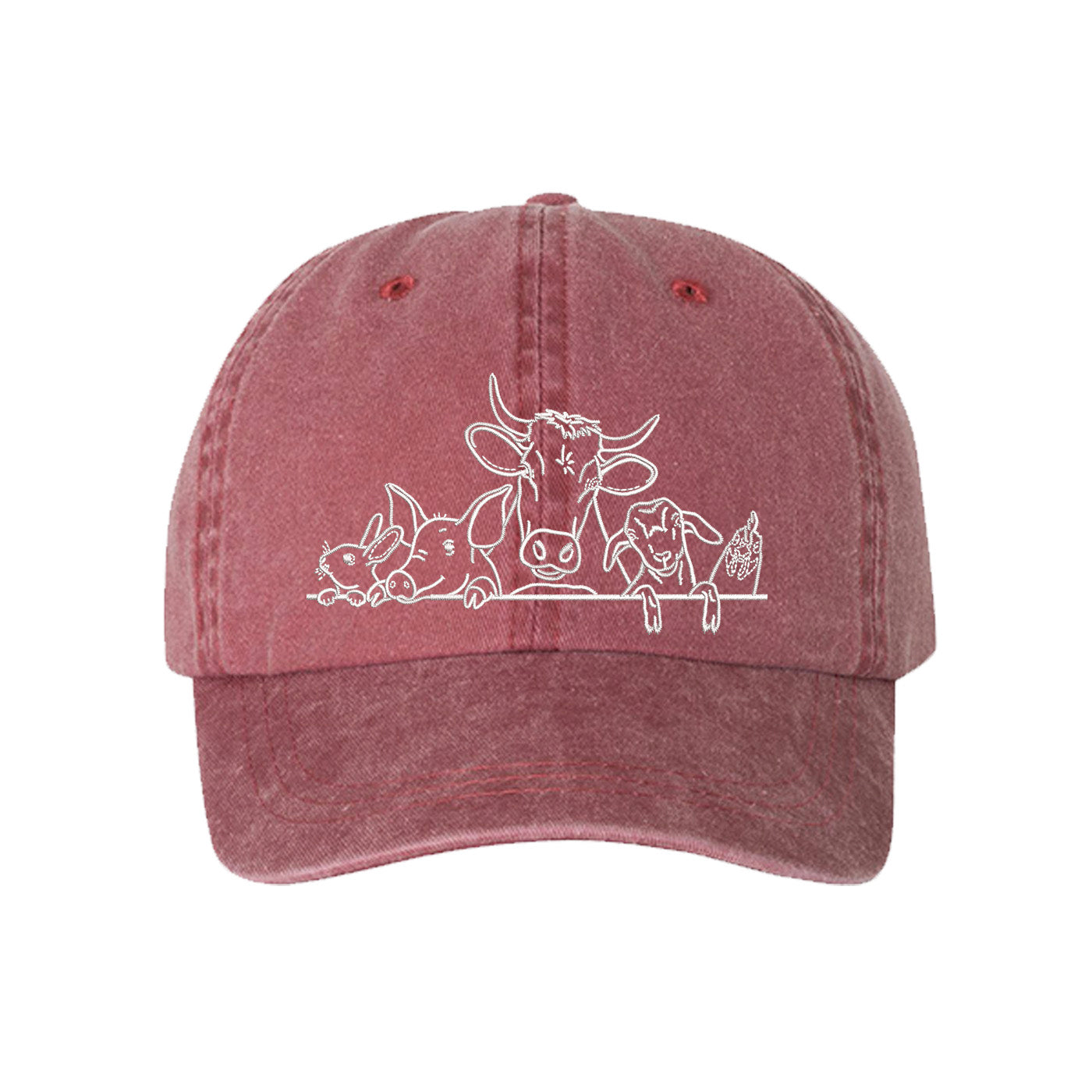 Wine Farm Animals Washed Baseball Hat featuring detailed cow and farm animal embroidery on a premium washed dad cap; a heritage-inspired piece by DSY Lifestyle.