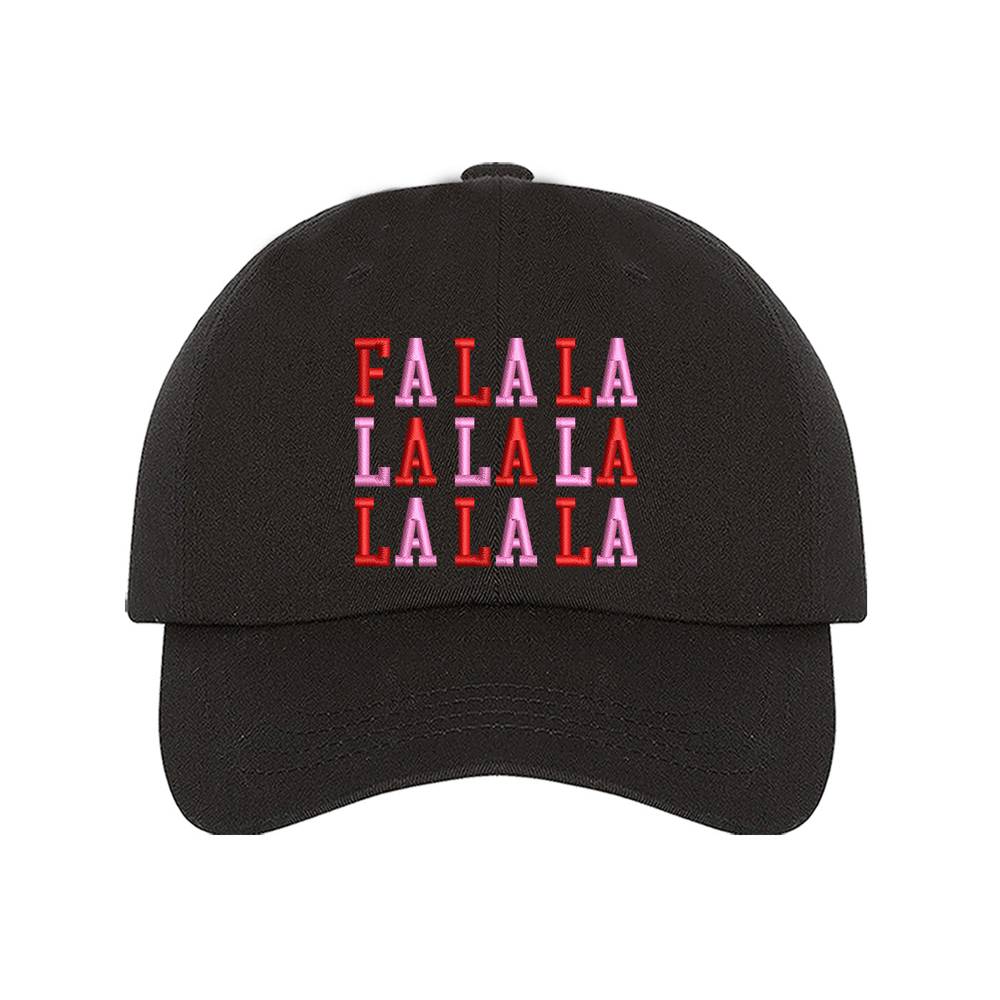 Black Fa La La Pink Christmas Embroidered Baseball Hat with festive embroidered lettering and adjustable hook and loop closure – DSY Lifestyle