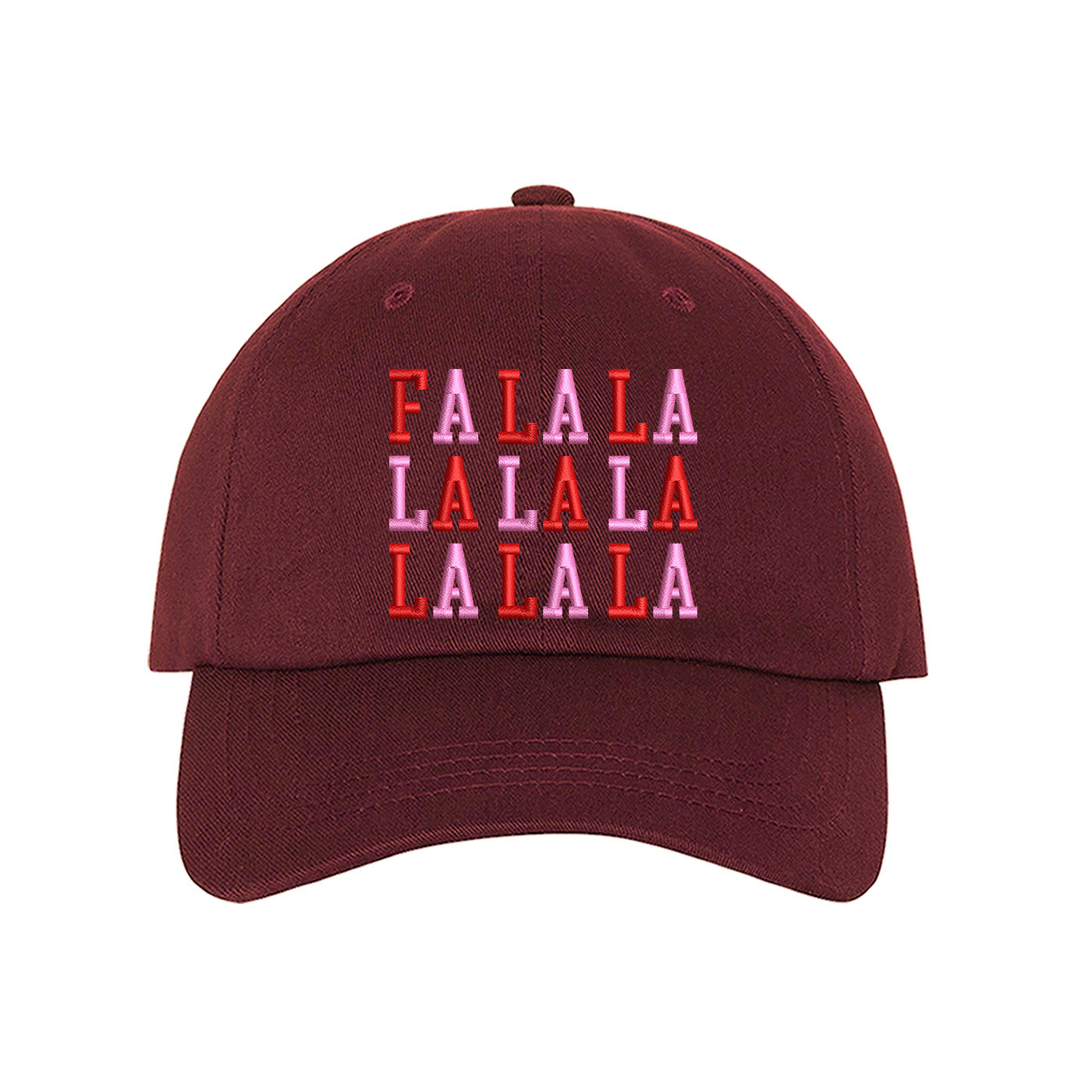 Burgundy Fa La La Pink Christmas Embroidered Baseball Hat with festive embroidered lettering and adjustable hook and loop closure – DSY Lifestyle