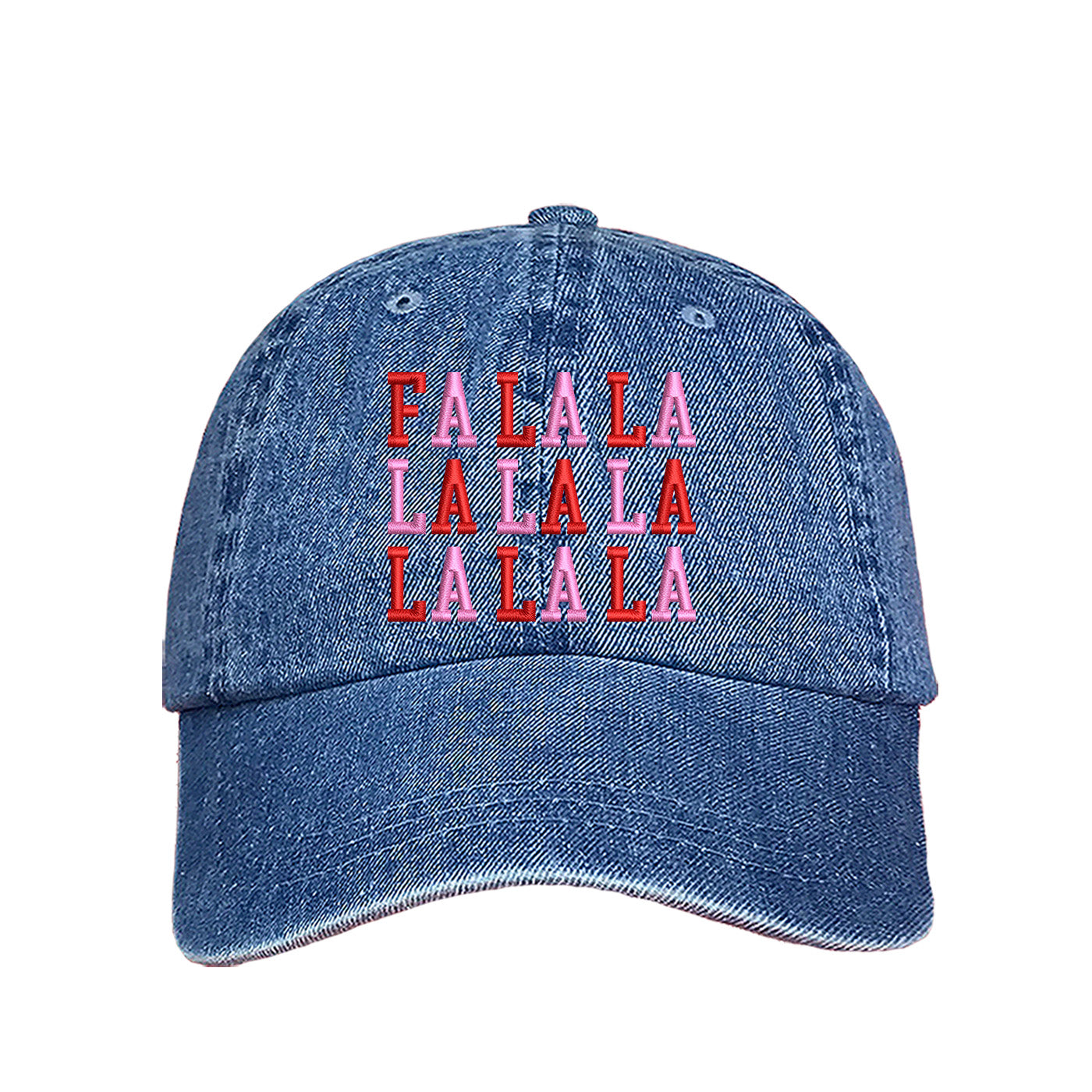 Light Denim Fa La La Pink Christmas Embroidered Baseball Hat with festive embroidered lettering and adjustable hook and loop closure – DSY Lifestyle