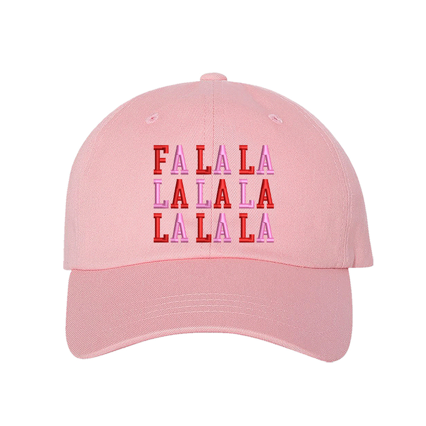 Light Pink Fa La La Pink Christmas Embroidered Baseball Hat with festive embroidered lettering and adjustable hook and loop closure – DSY Lifestyle