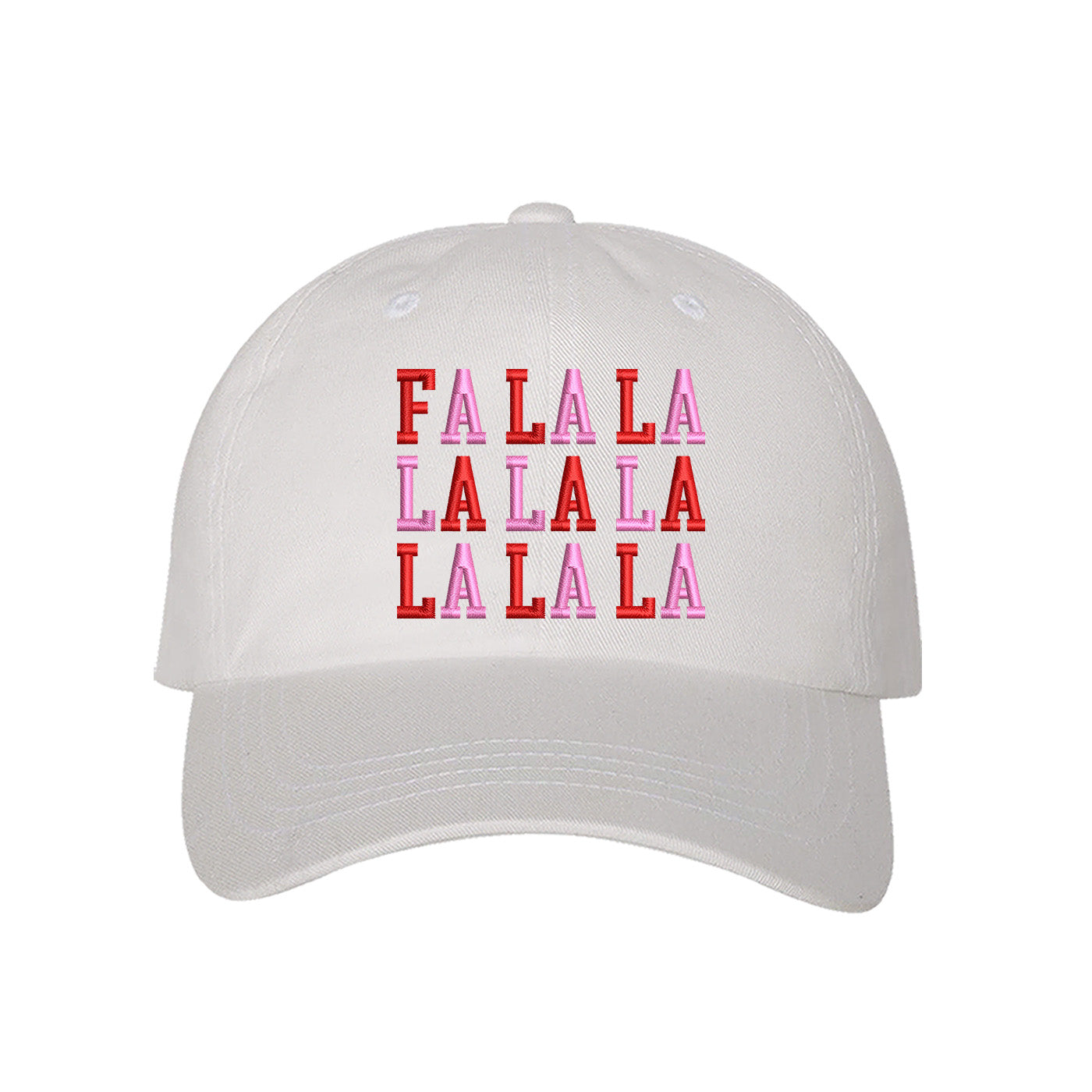 White Fa La La Pink Christmas Embroidered Baseball Hat with festive embroidered lettering and adjustable hook and loop closure – DSY Lifestyle
