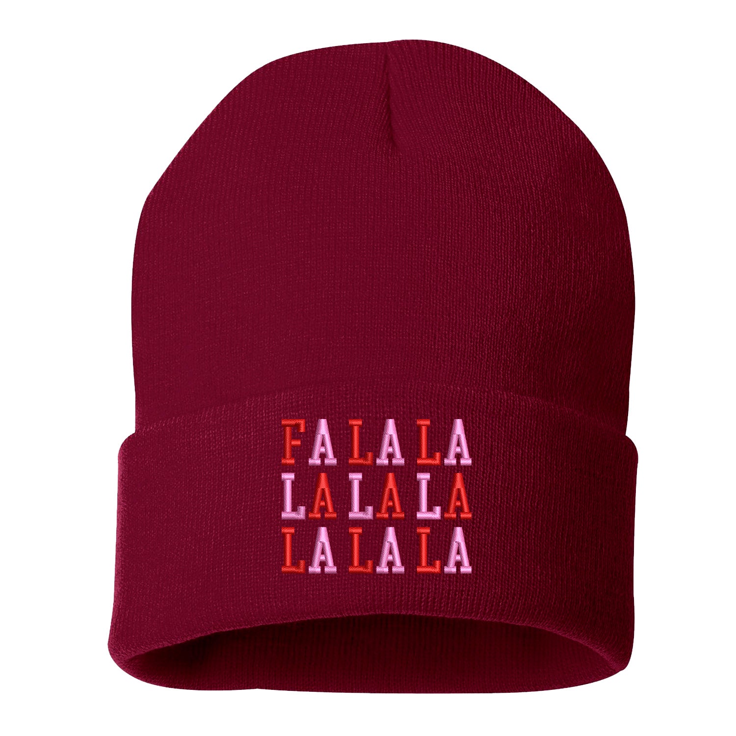 Red Fa La La Pink Embroidered Beanie Cap featuring festive holiday embroidery and soft knit fabric for cozy winter style – DSY Lifestyle