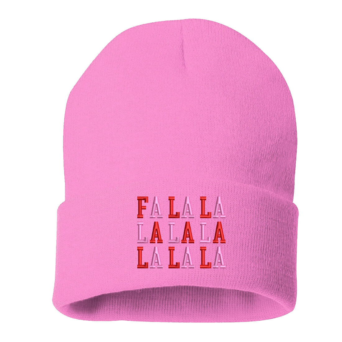 Light Pink Fa La La Pink Embroidered Beanie Cap featuring festive holiday embroidery and soft knit fabric for cozy winter style – DSY Lifestyle