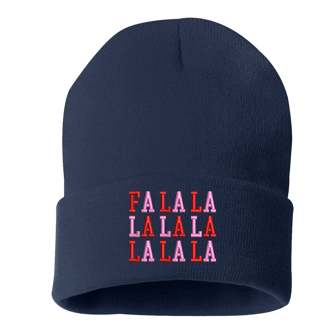 Navy Blue Fa La La Pink Embroidered Beanie Cap featuring festive holiday embroidery and soft knit fabric for cozy winter style – DSY Lifestyle