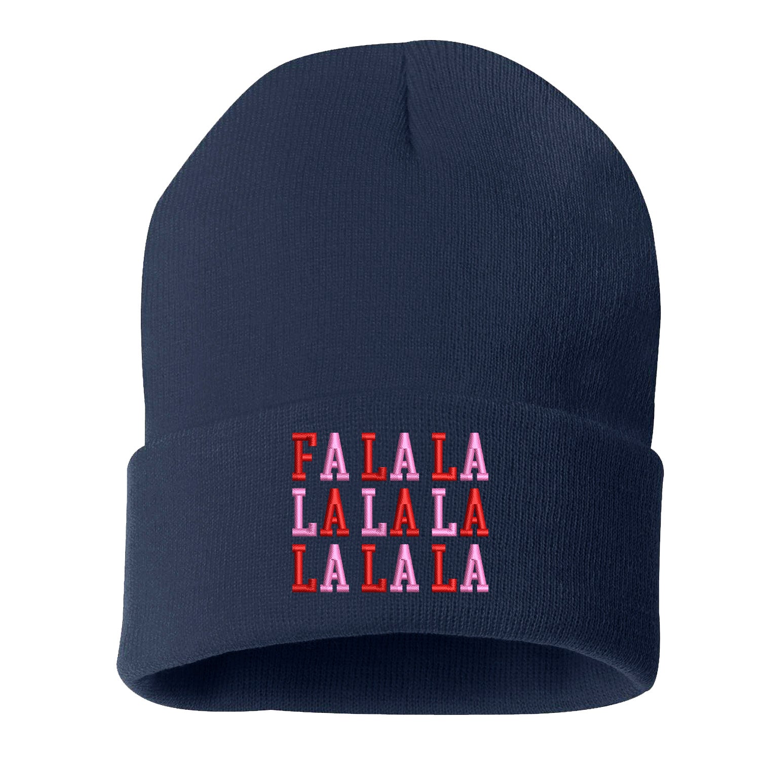 Navy Blue Fa La La Pink Embroidered Beanie Cap featuring festive holiday embroidery and soft knit fabric for cozy winter style – DSY Lifestyle