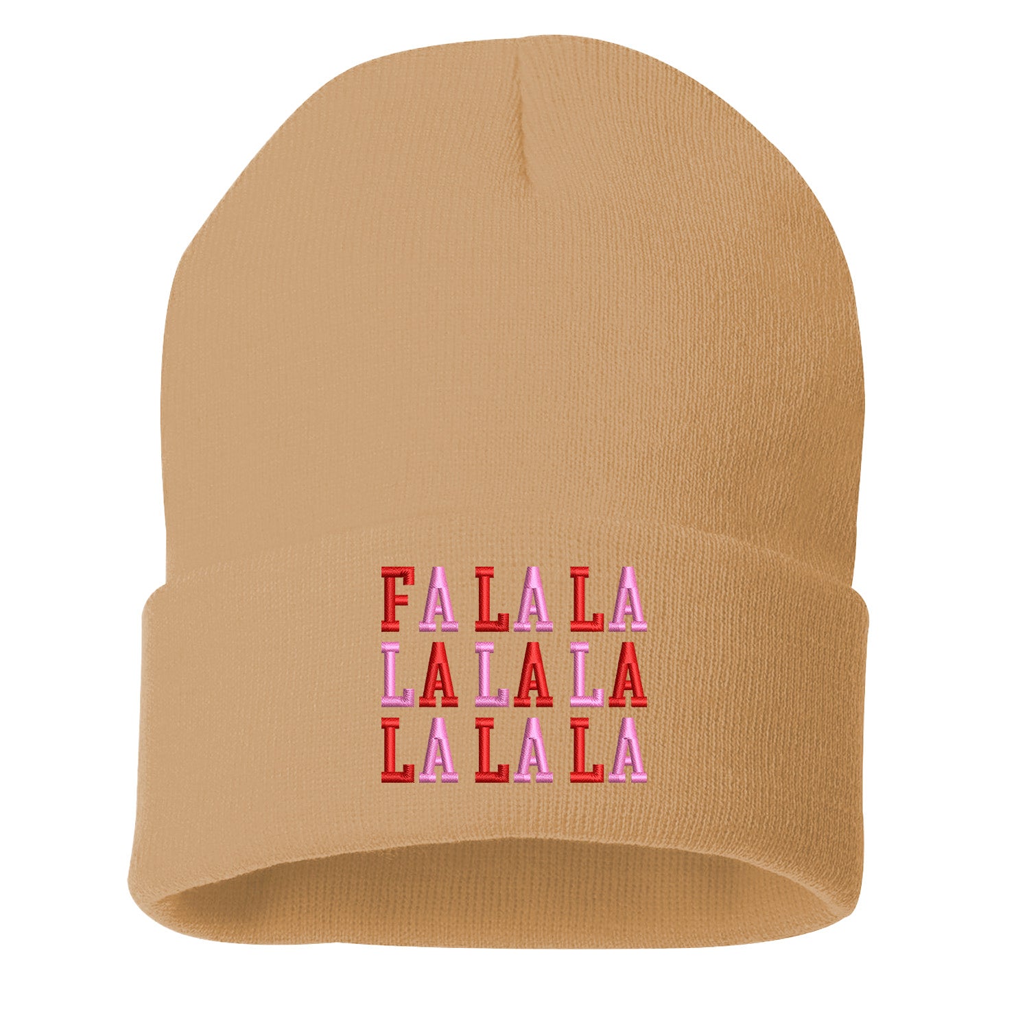 Tan Fa La La Pink Embroidered Beanie Cap featuring festive holiday embroidery and soft knit fabric for cozy winter style – DSY Lifestyle