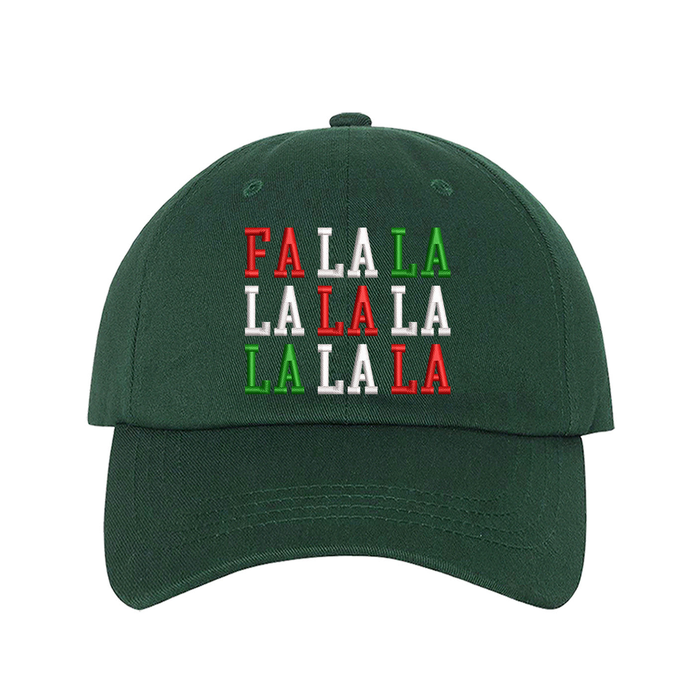 Forest Green Fa La La Christmas Block Embroidered Baseball Hat featuring festive block embroidery, breathable cotton, and adjustable fit for a merry holiday look. – DSY Lifestyle