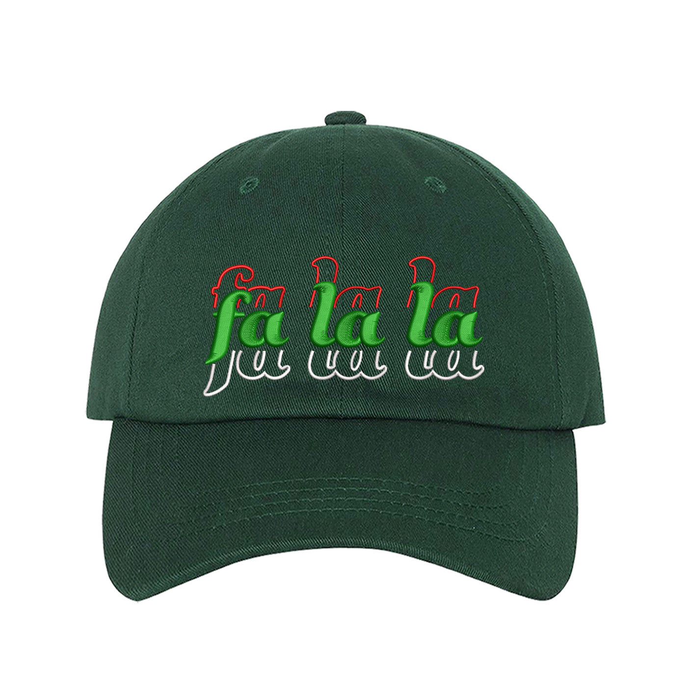 Forest Green Fa La La Christmas Stacked Embroidered Baseball Hat with festive embroidery and adjustable fit, perfect for holiday style and Christmas cheer – DSY Lifestyle.