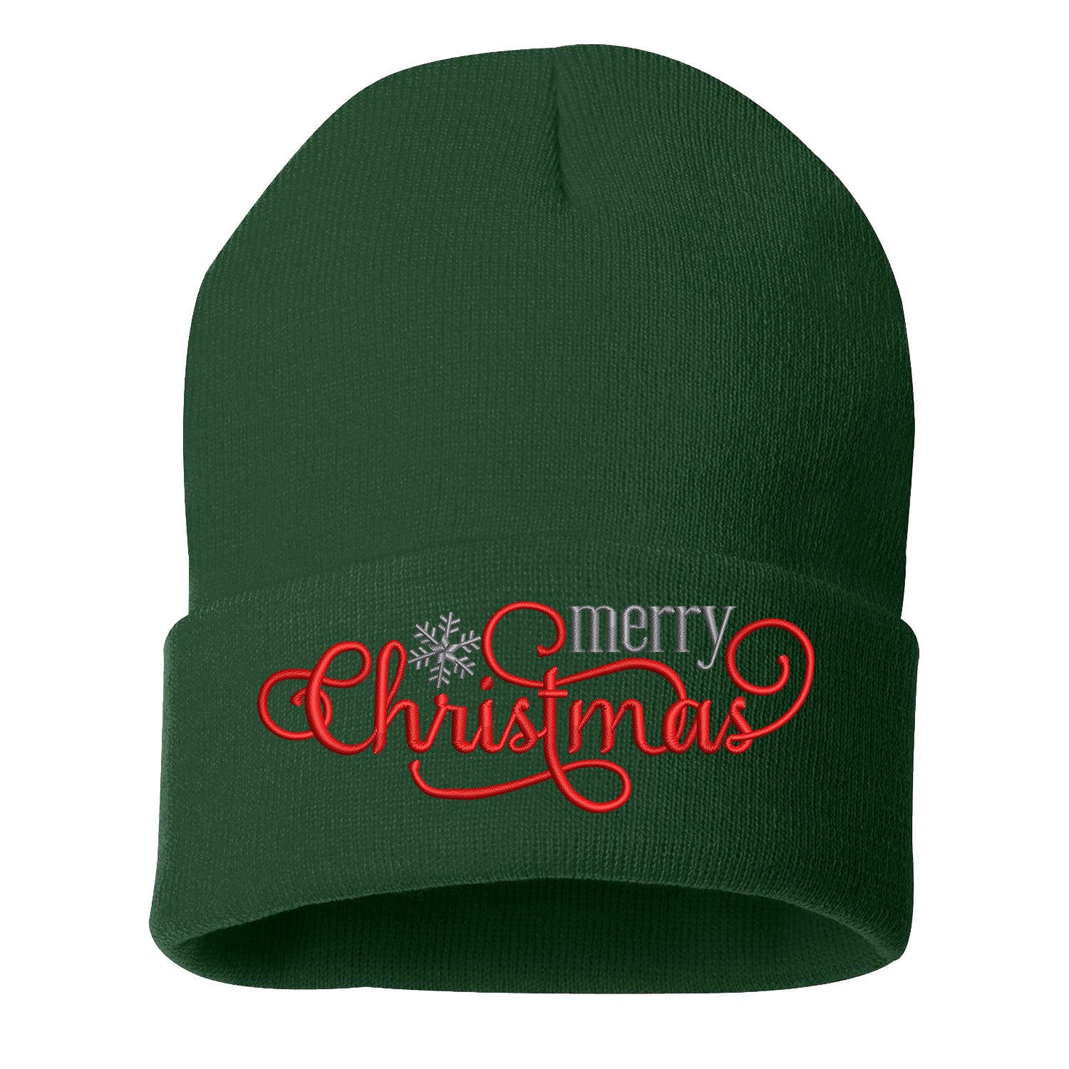 Forest Green Merry Christmas Snowflakes Embroidered Beanie Cap featuring festive embroidered snowflakes and warm winter knit design – DSY Lifestyle